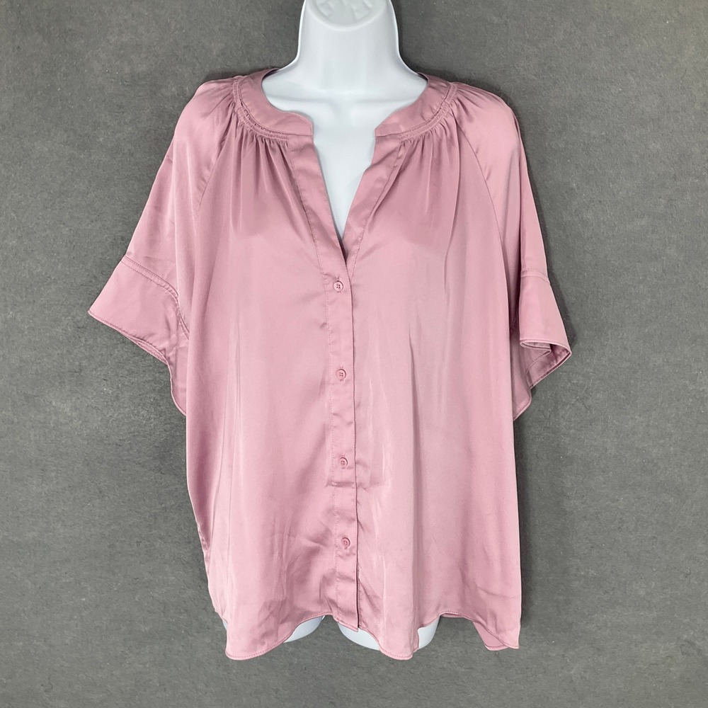 Worthington Blouse Satin Top‎ Button Front Short Sleeve Relaxed Fit Mauve XXL